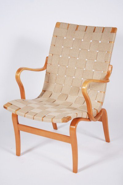 Bruno Mathsson Eva Lounge Chair: Bruno Mathsson Eva lounge chair. Swedish, 20th century. Lounge chair having a laminated steam-bent beech frame and arms supporting woven canvas. Marked "Mathsson Design - Made in Sweden". Height 33",