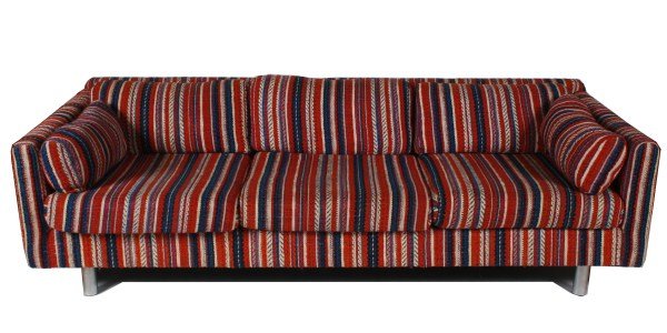 Selig Monroe Sofa, 20th C.: Selig Monroe sofa. American, 20th century. Three-seat sofa having multicolor striped upholstery raised on four polished chrome tubular legs. With "Selig Monroe" label under central seat cushion. Heigh