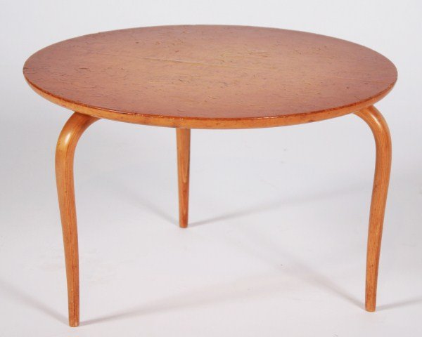 Bruno Mathsson Miniature Occasional Table: Bruno Mathsson miniature occasional table. Swedish, 20th century. Miniature table having bird's-eye maple top raised on steam-bent and laminated beech plywood legs. Label marked "Bruno Mathsson - Firm
