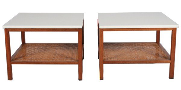 Pair of Paul McCobb for Calvin End Tables: Pair of Paul McCobb end tables. American, 20th century. Made for Calvin Furniture. End tables having opaque white glass tops raised on wood frames, each with one lower caned shelf. With manufacturer's