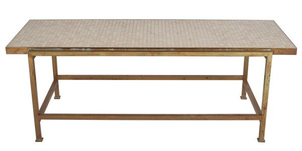 Edward Wormley Coffee Table, Model 5424: Edward Wormley brass and Murano glass tile coffee table, model 5424. American, 20th century. Made by Dunbar. Coffee table having brass-rimmed top with Murano glass tiles raised on a polished brass bas