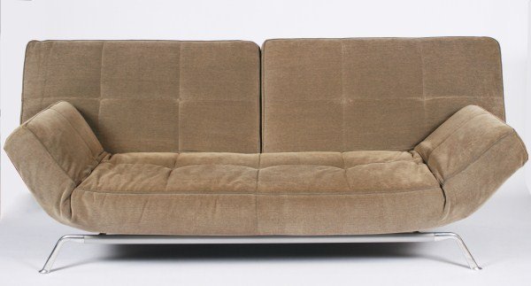 Ligne Roset Smala Sofa and Ottoman: Contemporary Ligne Roset Smala sofa and ottoman. Designed by Pascal Mourgue. Sofa having a tubular steel frame with beige tufted upholstery raised on polished aluminum feet. Ottoman having a tubular s