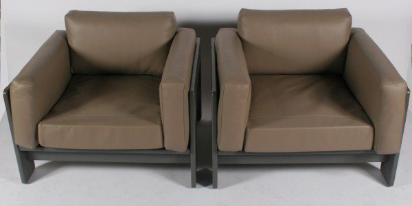 Pair of Lounge Chairs Attrib. to Tobia Scarpa: Pair of lounge chairs attributed to Tobia Scarpa. 20th century. Lounge chairs having gray lacquered wood frames and gray Naugahyde upholstered cushions. Unmarked. Height 29 1/2", width 35 3/14", depth