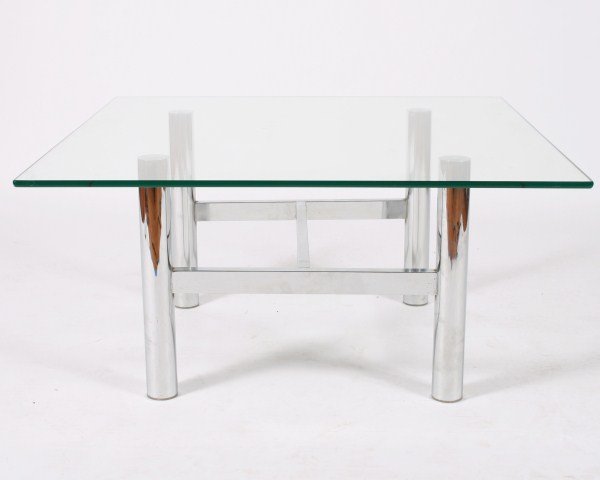 Renato Zevi Chrome and Glass Coffee Table: Renato Zevi polished chrome and glass coffee table. Italian, 20th century. Coffee table having polished chrome frame and square beveled glass top. Marked "Specially Made for Zevi & C" to the base of e