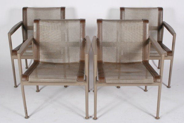 Group of 4 Richard Schultz for Knoll Armchairs: Group of four Richard Schultz armchairs. American, 20th century. Made by Knoll. Group of four armchairs having enameled aluminum and steel frames and stitched leather and mesh seats. Each chair with "