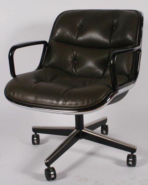 Charles Pollock Swivel Office Chair: Charles Pollock swivel office chair. American, 20th century. Made by Knoll International. Swivel office chair having molded plastic shell with tufted charcoal-colored leather upholstery and a polished