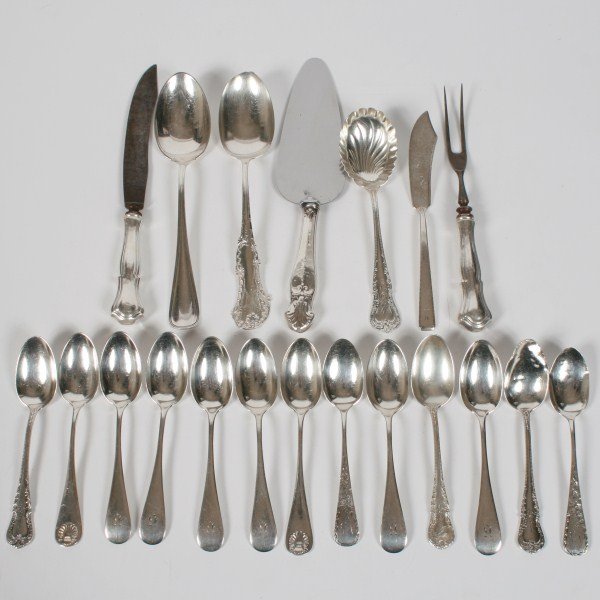 Group of Assorted Sterling Silver Flatware: Group of seven assorted sterling serving pieces, including: 1 Watson Company large serving spoon; 1 Shreve, Crump & Low Co. large shell form spoon; 1 Frank M. Whiting & Co. large serving spoon; 1 Towl