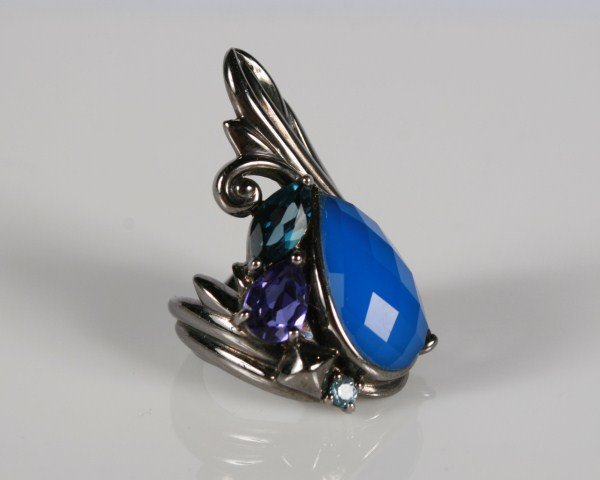 Stephen Webster Pop Superstud Ring: Stephen Webster Pop Superstud rhodium plated sterling silver ring set with faceted blue agate, topaz, and iolite. 20th century. Ring size 7. Total weight 22.2 grams.