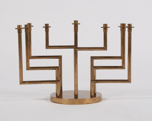 Possibly Yaacov Agam (B. 1928) Menorah: Menorah possibly by Yaacov Agam (Israeli, born 1928). Gilt brass kinetic piece. With Hebrew inscription to base. Height 9 1/4", diameter of base 6".