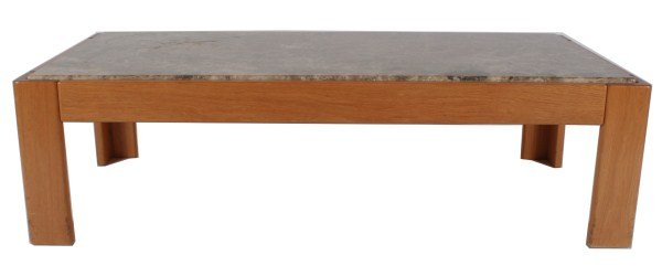 Coffee Table Attributed to Jim Eldon: Wood and marble coffee table attributed to Jim Eldon. American, 1970s. Made by Knoll. Rectangular wood coffee table having a fitted marble top. Unmarked. Height 15 1/2", width 54", depth 25 3/4". Prov