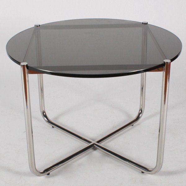 Occasional Table Attrib. Ludwig Mies van der Rohe: Chrome plated steel and smoked glass occasional table attributed to Ludwig Mies van der Rohe for Knoll. 20th century. Occasional table having tubular chrome plated steel frame and round smoked glass t