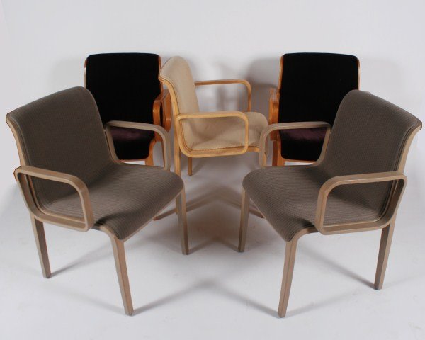 Group of Five Bill Stephens Armchairs: Group of five Bill Stephens armchairs. American, 20th century. Made by Knoll International. Armchairs having wood frames with upholstered seats and backs. Two of the five armchairs with manufacturer's
