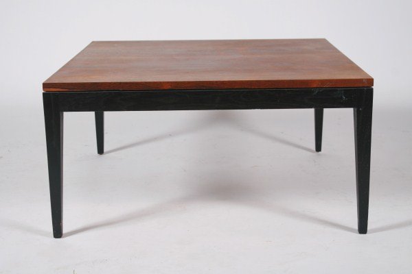Wood Coffee Table, 20th C.: Wood coffee table. 20th century. Two-tone wood coffee table having square top raised on four tapering legs. Numbered "47120-02" to underside of table. Height 16 1/8", width 32", depth 32".