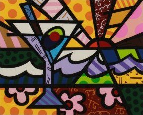 Romero Britto (B. 1963), "Martini Sunrise": Romero Britto (Brazilian, born 1963). "Martini Sunrise." Giclée on paper. Pencil signed lower left and numbered "65/750" lower right. Sight 19 5/8" x 24", frame 31 1/2" x 35 1/2".