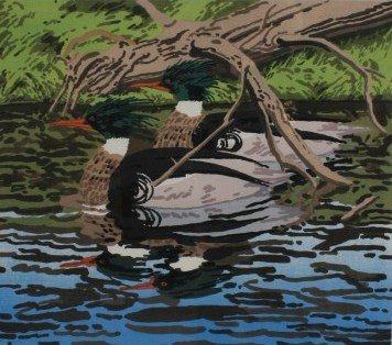 Neil Welliver (1929-2005), "Two Mergansers": Neil Welliver (American, 1929-2005). "Two Mergansers". Colored woodcut. Pencil signed "Welliver" lower right and numbered in pencil "12/75" lower left. Verso retains label from Robert Kidd Gallery in 