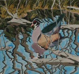 Neil Welliver (1929-2005), "Wood Duck": Neil Welliver (American, 1929-2005). "Wood Duck". Hand colored etching. Pencil signed "Welliver" lower right and numbered "36/90" in pencil lower left. Verso retains label from the Robert Kidd Gallery