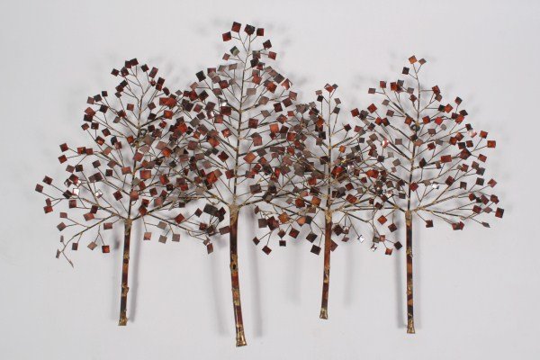 Manner of Curtis Jere Wall Sculpture: Manner of Curtis Jere wall sculpture. Metal wall-mounted sculpture depicting a tree. Height 29 1/2", width 39 1/2".