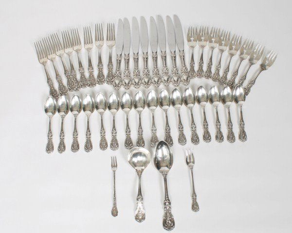 Reed & Barton Francis I Sterling Flatware Set: Reed & Barton sterling silver partial flatware service in the Francis I pattern. American, circa 1906. Designed by Ernest Meyer. With 44 total pieces, including: 8 dinner knives; 8 dinner forks; 8 sal