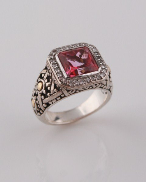 John Hardy Batu Sari Pink Topaz and Diamond Ring: John Hardy Batu Sari ring having sterling silver and 18K yellow gold band set with faceted pink topaz and pave diamonds. Ring size 6 1/2. Total weight 9.7 grams.