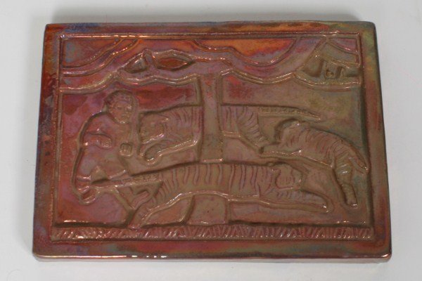 Pewabic "Little Black Sambo" Iridescent Tile: Pewabic iridescent pottery tile depicting a scene from "Little Black Sambo" by Helen Bannerman. American, 20th century. Tile design by Alexis Lapteff. With impressed "Pewabic Detroit" mark applied thr