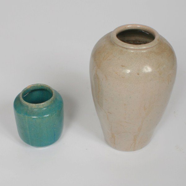 Two Pewabic Pottery Vases: Two Pewabic pottery vases. American, 20th century. Both with impressed "Pewabic Detroit" mark to base. Height of taller 7 1/4", height of shorter 3 5/8".Provenance: From the personal collection of Bon