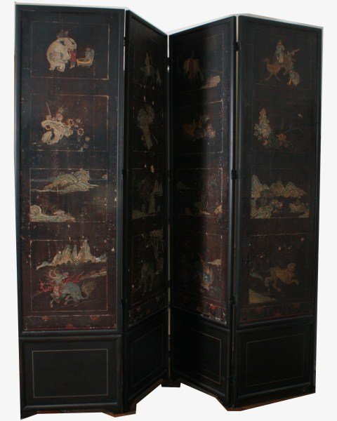 Chinese Coromandel Four Panel Screen: Chinese Coromandel four panel screen. Late 18th century. Four panel screen featuring landscape scenes with figures and dragons. Height 92 1/2", width of each panel 23 1/2". Provenance: From the Estate