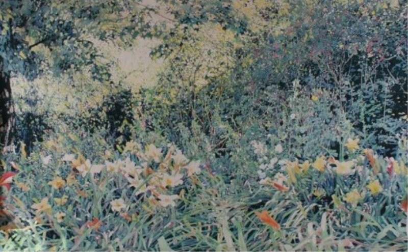 William A. Nichols (B. 1942), "Summer Garden": William Allyn Nichols (American, born 1942). "Summer Garden". Oil on canvas. Signed in pencil, dated "© 1979", and inscribed illegibly on verso. Verso retains label from the Robert Kidd Gallery in Bi