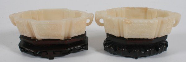 Pair of Chinese Carved Soapstone Jardinieres: Pair of Chinese carved soapstone jardinieres. Both raised on a carved teakwood stand. Height 3 3/4", length 8". Provenance: From the Estate of Stephen Stackpole.