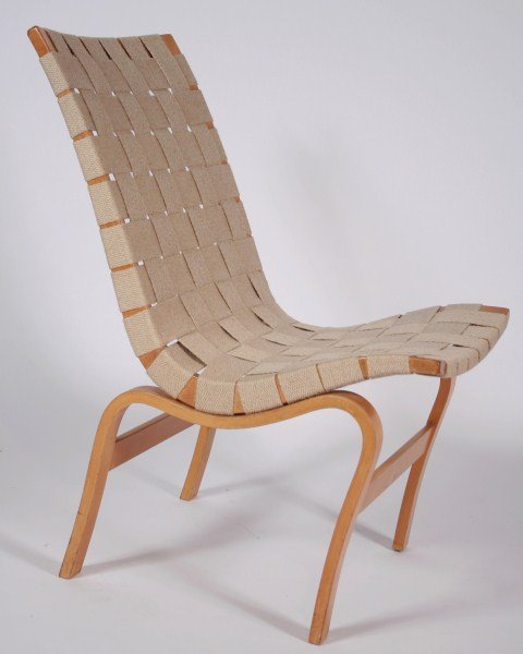 Chair Attrib. to Bruno Mathsson: Chair attributed to Bruno Mathsson. Swedish, 20th century. Chair having steam-bent beech frame with woven canvas. Unmarked. Height 33", depth 27 1/2", width 19 1/2".
