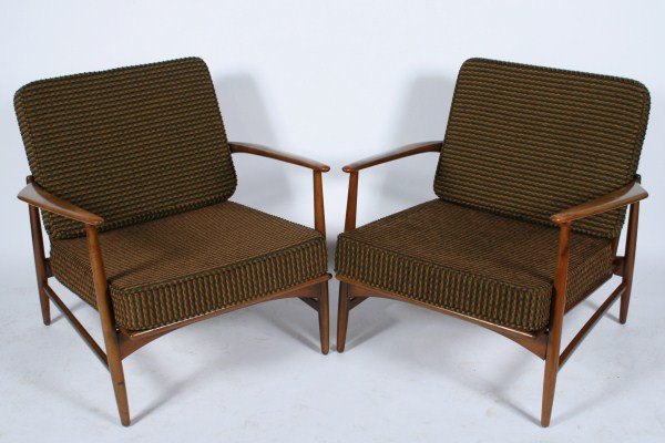 Pair Ib Kofod-Larsen for Selig Armchairs: Pair of Ib Kofod-Larsen for Selig armchairs. Danish, 20th century. Armchairs having wood frames and upholstered cushions. With original spring straps to backrest. Both chairs retain Danish Selig tag.