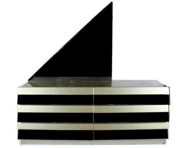 Rougier Chest of Drawers: Rougier chest of drawers. Canadian, 20th century. Lacquered wood chest of drawers having mirrored and louvered drawers. With accompanying triangular mirror. Stamped "Rougier" mark to interior of top-l