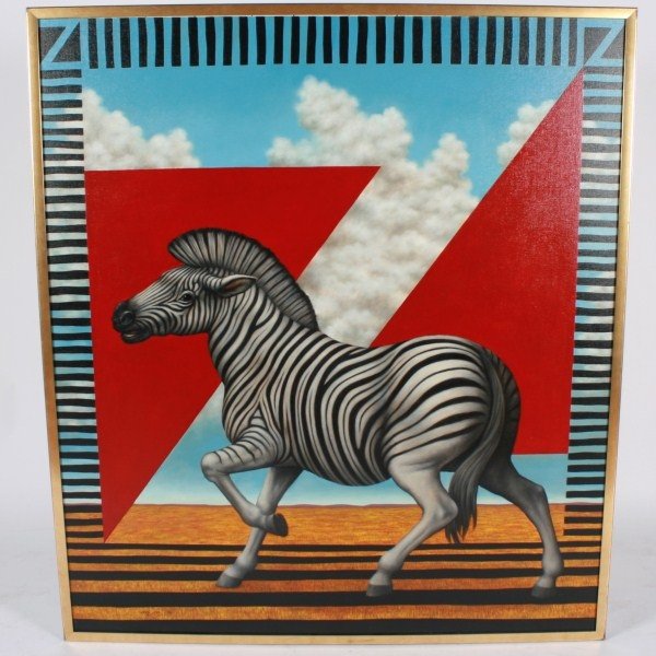 Martin Maddox (1954-1997), "Z is for Zebra": Martin Maddox (American, 1954-1997). "Z is for Zebra". Oil on canvas. Sight 53 5/8" x 47 1/2", frame 55 1/2" x 49 1/2". Provenance: From the Ray F. Fleming Revocable Trust.