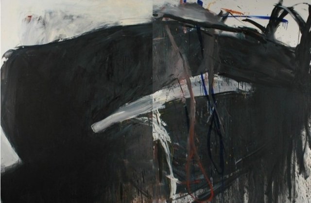 Wesley Kimler (B. 1953), "Dark Sleeper": Wesley Kimler (American, born 1953). "Dark Sleeper". Oil on two canvases. Signed "Kimler", titled, and dated " '86" on verso. Verso of one canvas retains label from the Robert Kidd Gallery in Birmingh