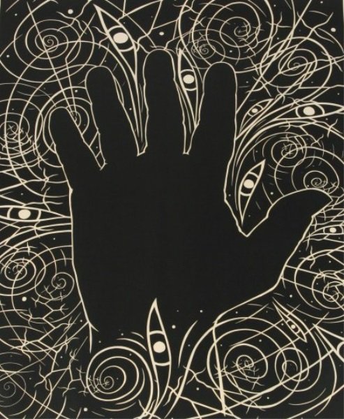 James Surls (B. 1943), “In Hand”: James Surls (American, born 1943). “In Hand”. Linocut. Signed “James Surls” and dated “1990” lower right, numbered “5/15” lower left, and titled lower center, all in pencil. Printed ar