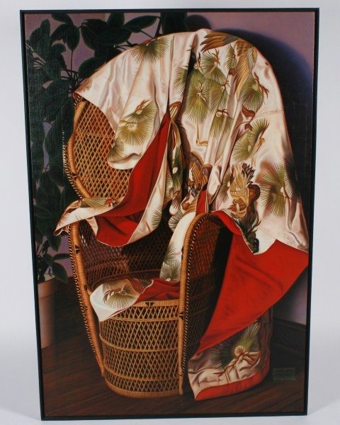 Steven Jones (20th C.), "Wedding Kimono II": Steven Jones (20th century). "Wedding Kimono II." Tempera and oil on linen. Unframed. Canvas 60 3/8" x 40", frame 61 1/4" x 41 1/4". Provenance: From the Ray F. Fleming Revocable Trust.