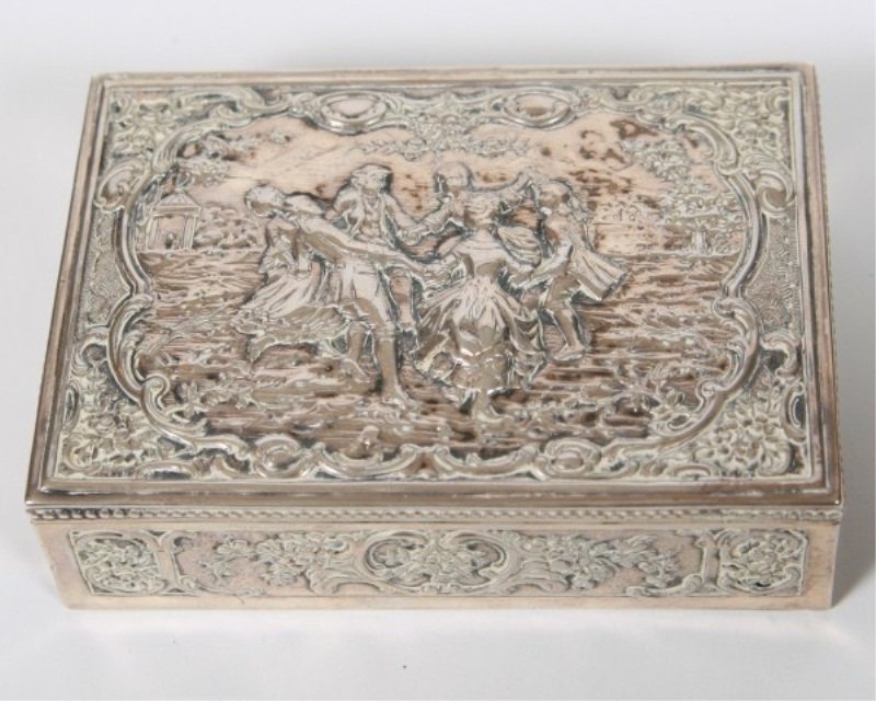 German 800 Silver Repousse Box: German 800 silver repousse box. Marked "Germany" and "800" to underside. Height 1 1/2", width 5 1/4", depth 3 5/8". 9.17 troy ounces. Provenance: From the Estate of Stephen Stackpole.