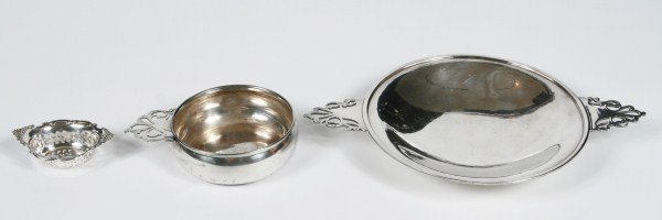 Three American Sterling Silver Articles: Three American sterling silver articles. 20th century. Lot includes: Frederick J. R. Gyllenberg sterling silver dish. Length 12 1/2". A Lunt sterling silver porringer. Length 6 1/8". A Gorham sterling
