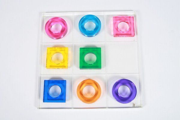 Shlomi Haziza (20th C.), Tic Tac Toe: Shlomi Haziza (Israeli-American, 20th century). Tic Tac Toe. Acrylic. Board retains "Haziza" label lower right corner. 12" x 12". Provenance: From the Ray F. Fleming Revocable Trust.