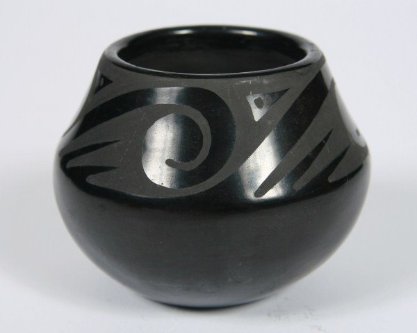 Maria Martinez San Ildefonso Blackware Bowl: Maria Martinez San Ildefonso blackware pottery vase. Circa 1943-1954. Signed "Marie + Santana" to underside. Height 3 1/8", diameter 4".