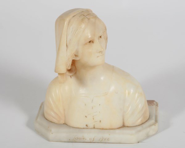 Carved Alabaster Bust of Joan of Arc: Carved alabaster bust of Joan of Arc. Titled "Joan of Arc" to shaped base. Height 8 1/2", width 8 1/4", depth 4 1/8".