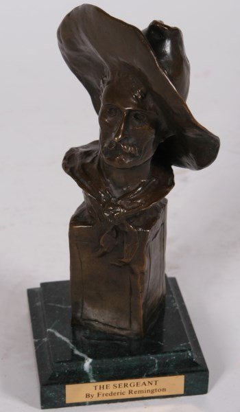 Bronze Sculpture After Frederic Remington: Bronze sculpture after "The Sergeant" by Frederic Remington (American, 1861-1909). With cast "Frederic Remington" signature to side. Raised on a green marble base. Height of bronze 10", width 4 1/2", 