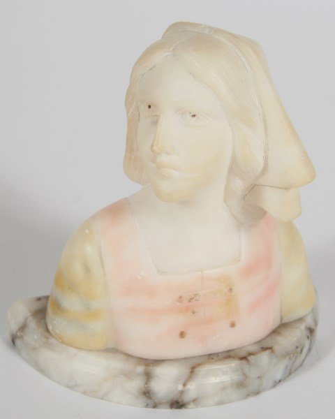 Italian Carved Bust of Joan of Arc: Italian carved marble and alabaster bust of Joan of Arc. Marked "125 Italy" to underside. Height 5 1/2", width 5 1/4", depth 2 1/2".