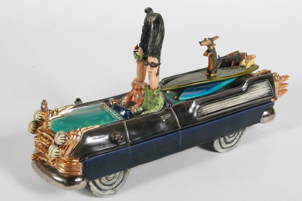 Full Moon Clay Co. Ceramic Automobile: Scott and Naomi Schoenherr (American, 20th century). Untitled. Full Moon Clay Co. ceramic automobile. With "Full Moon Clay Co." stamp to underside. Height 10 1/4", width 5 1/2", depth 19".