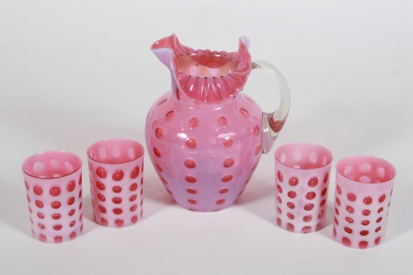 Cranberry Glass Coin-Dot Pitcher with Four Glasses (1 of 1)