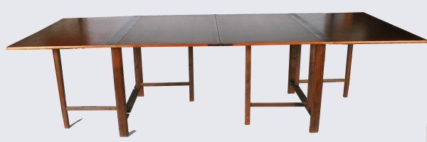 Bruno Mathsson Style Folding Table: Wood folding table in the manner of the Bruno Mathsson "Maria" table. 20th century. Unmarked. Height 29 1/2", length when open 110 1/2", depth 39 1/4".