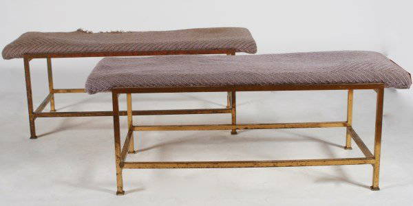 Pair Edward Wormley Brass and Upholstered Benches: Pair of Edward Wormley brass and upholstered benches, model 5429. American, 20th century. Made by Dunbar. Height 17", width 45", depth 17 3/8".