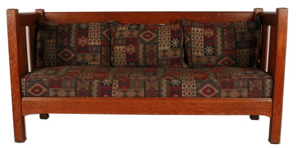 L & J. G. Stickley Settle: L and J. G. Stickley settle, no. 216. American, early 20th century. Retains firm's decal ("The Work of L and J. G. Stickley") to back. Height 36", width 72 1/2", depth 26".