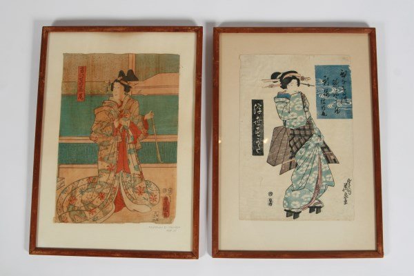Two Japanese Woodblock Prints: Two Japanese woodblock prints. Keisai Eisen (Japanese, 1790-1848). Woodblock print. Paper 13 1/2" x 9", frame 18 3/4" x 13 1/2". Utagawa Toyokuni II (Japanese, 1777-1835). Woodblock print. Paper 13 5/