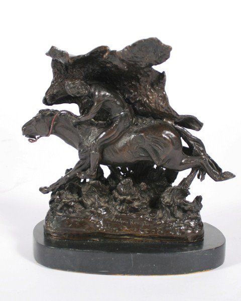 Bronze Sculpture After Frederic Remington: Bronze sculpture after "Horse Thief" by Frederic Remington (American, 1861-1909). Signed "Frederic Remington" to bronze. Raised on marble base. Height with base 10 1/4", width 9 1/4".