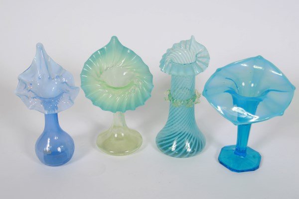 Group of Four Jack In The Pulpit Art Glass Vases: Group of four Jack in the Pulpit art glass vases. All unmarked. Height of tallest 8 1/8".